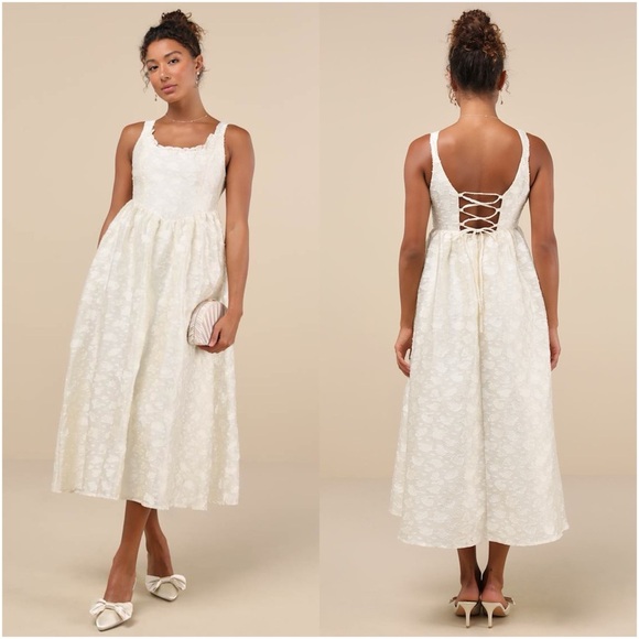 LULU’S Immaculate Elegance Cream Jacquard Lace-Up Midi Dress - Picture 1 of 7